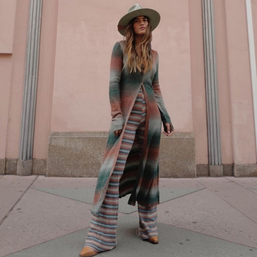 FREE PEOPLE Esme Striped High Rise Flare Pants In Ocean Combo Bell Bottoms M - Picture 14 of 14